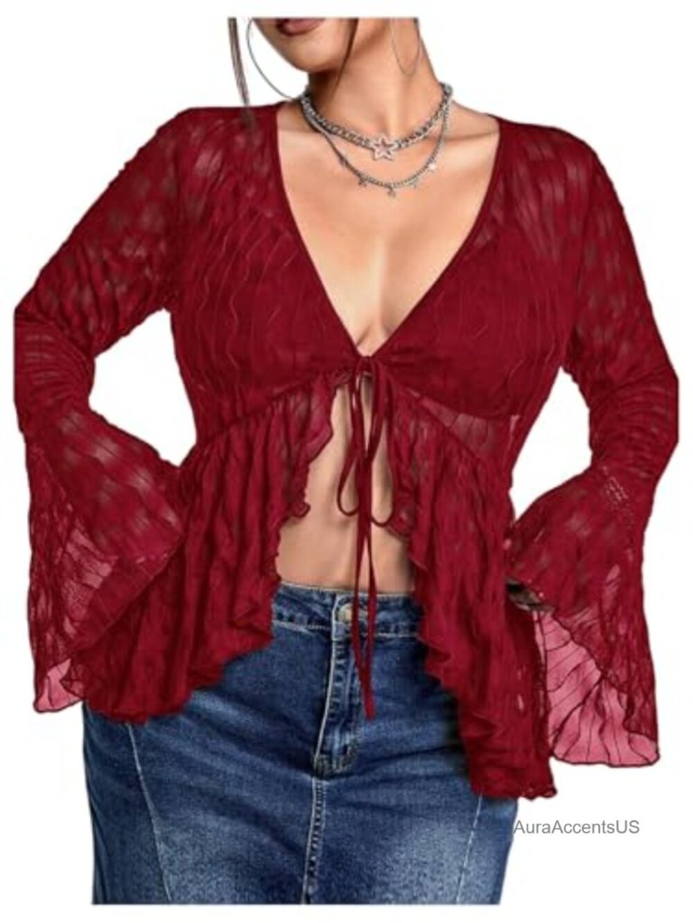 Plus Size Sheer Mesh Long Sleeve Tee V-Neck Ruffle Top